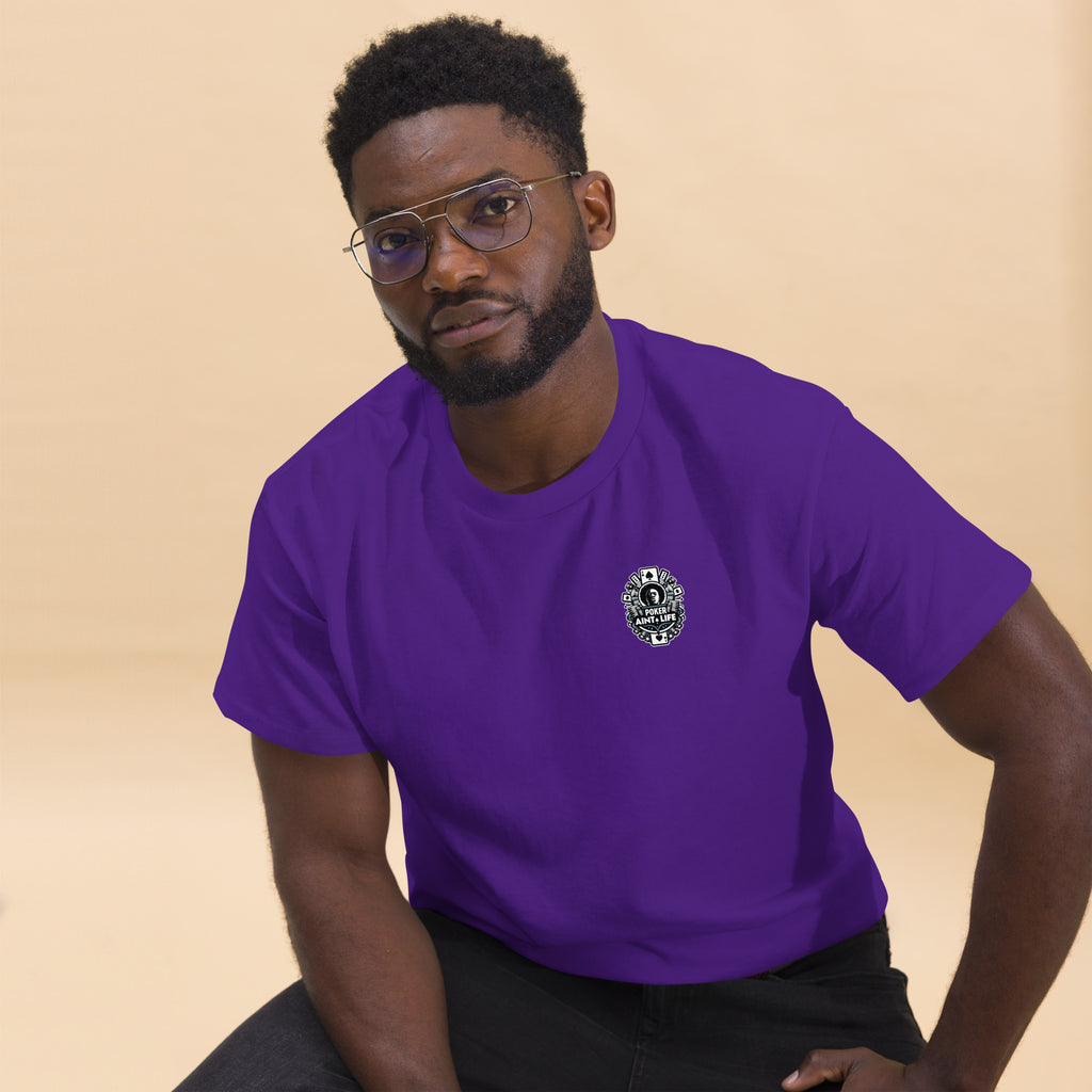 purple poker apparel t-shirt featuring the bold Poker Ain’t Life logo on the front, crafted from 100% soft cotton for all-day comfort. Perfect poker clothing for grinders