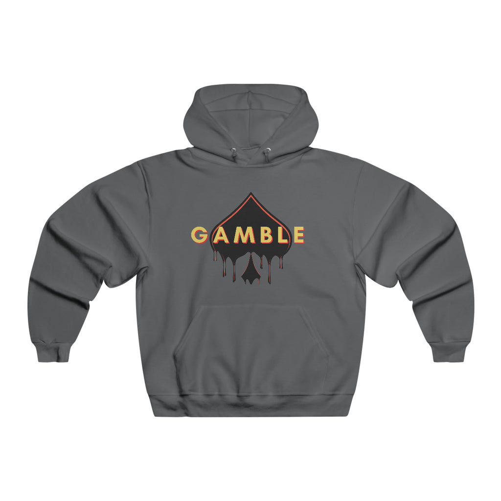 Ash colored  poker hoodie featuring the iconic Gamble Drip logo. Made from a soft cotton-polyester blend, this hoodie provides comfort and style for poker enthusiasts and competitive players.