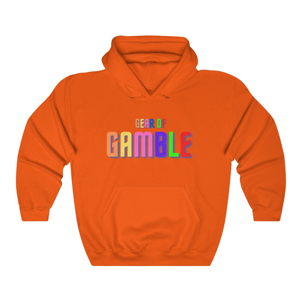 Orange poker hoodie featuring the bold Gear of Gamble logo on the front, crafted from a comfortable cotton blend perfect for poker players. Ideal poker clothing for those who want to show their passion for the game.