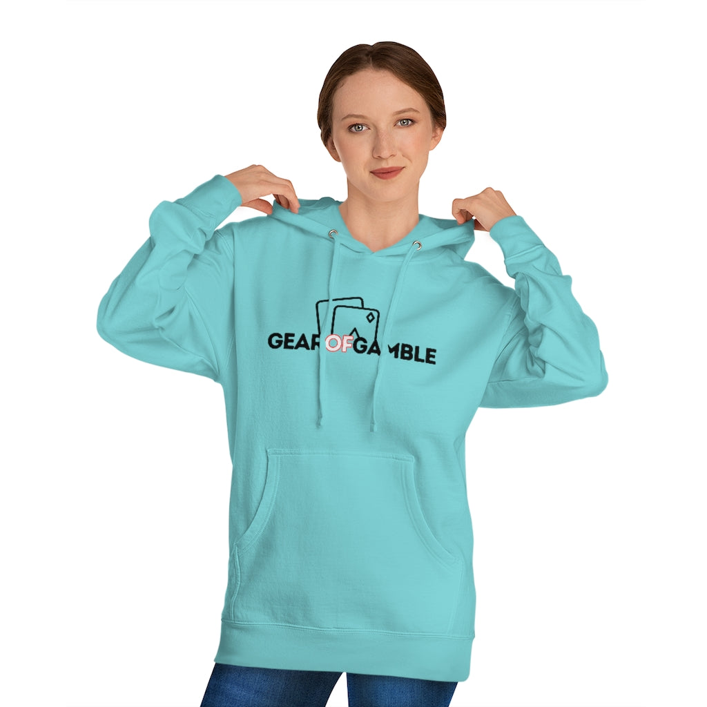 Woman wears Light blue poker hoodie featuring the bold Gear of Gamble logo on the front. Made from a soft cotton blend for ultimate comfort during long poker sessions, perfect poker apparel for players who want to rep their poker lifestyle