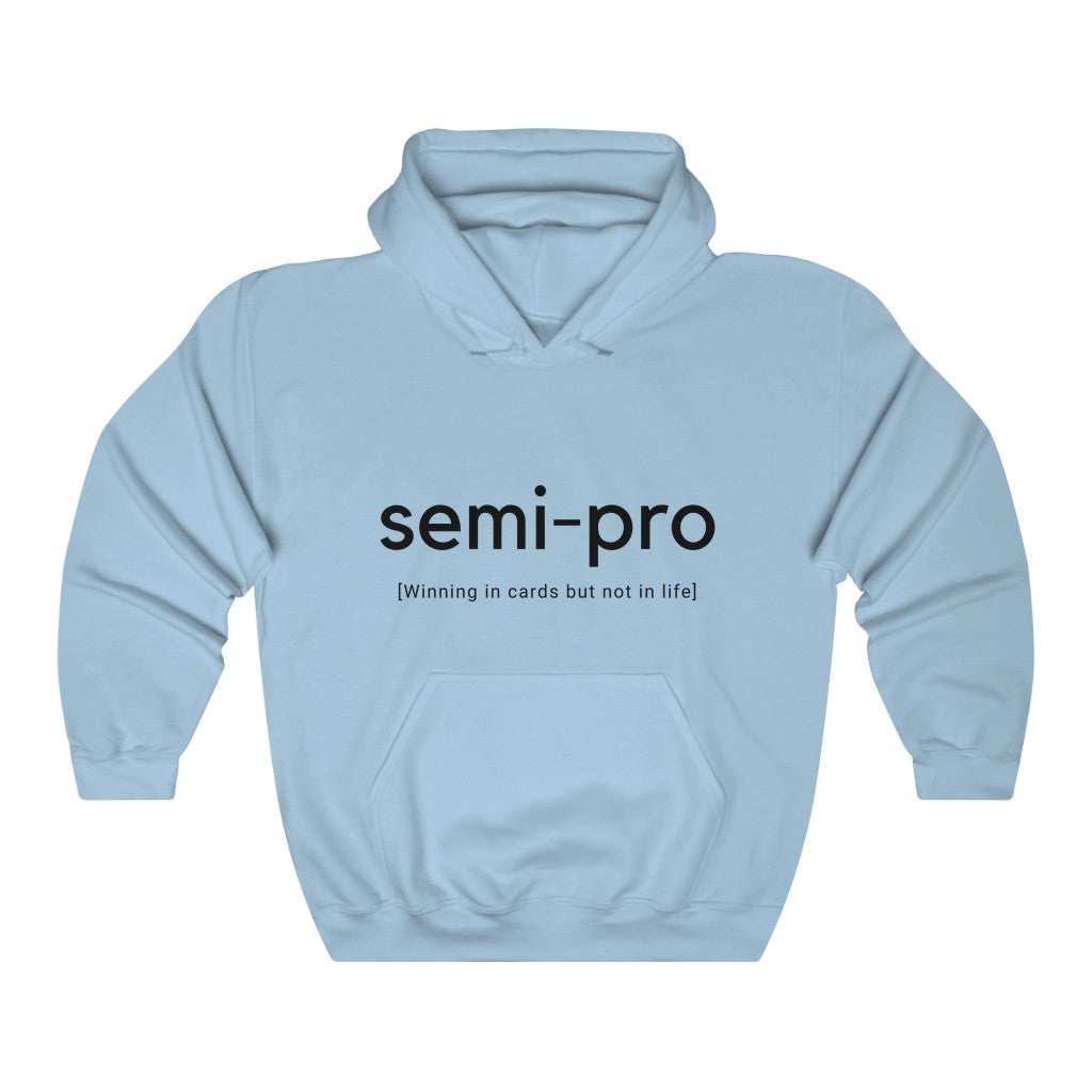 colorful hoodie featuring ‘Semi-Pro: Winning in Cards but Not Life’ or ‘Free Donkey Lessons’ text on the front and back, ideal poker apparel for players with a sense of humor