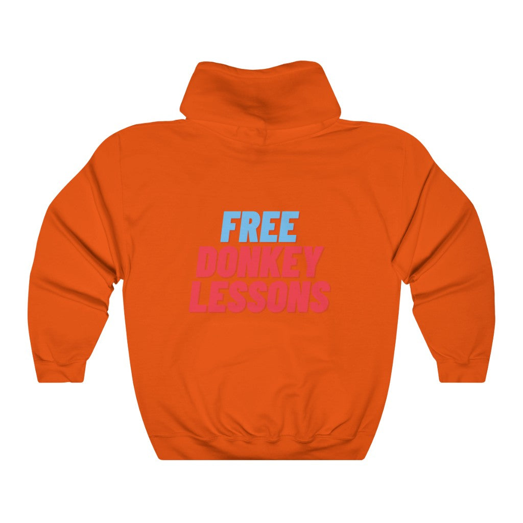 colorful hoodie featuring ‘Semi-Pro: Winning in Cards but Not Life’ or ‘Free Donkey Lessons’ text on the front and back, ideal poker apparel for players with a sense of humor