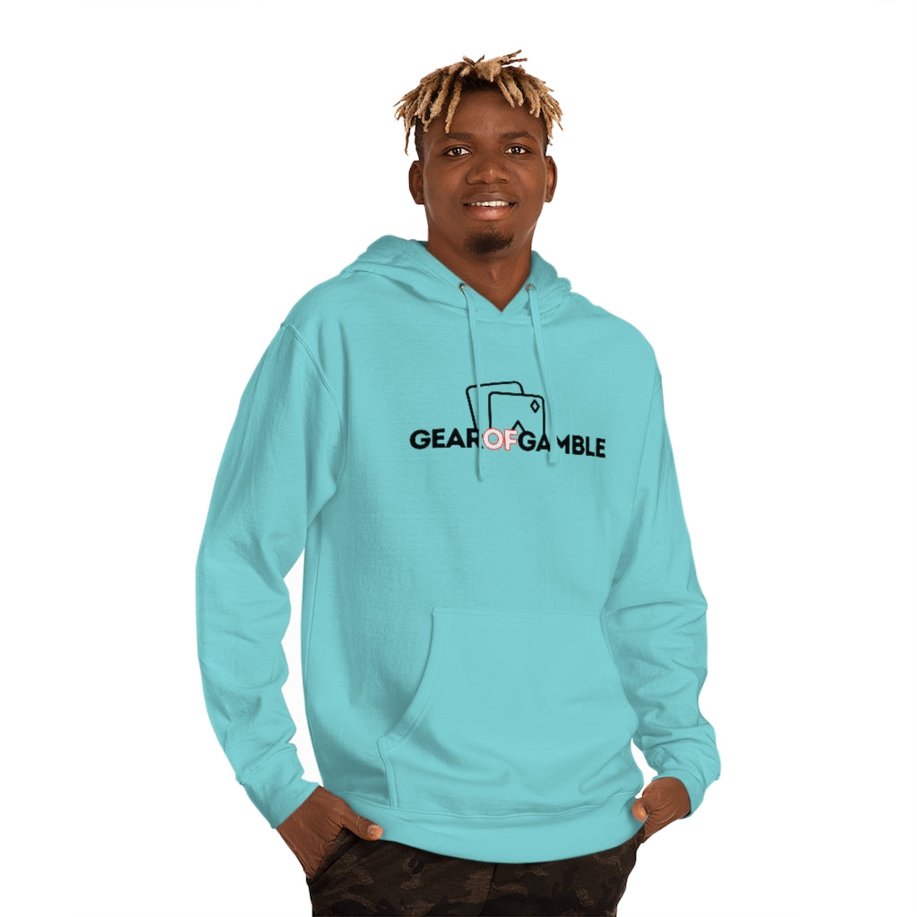 Man wears Light bllue poker hoodie featuring the bold Gear of Gamble logo on the front. Made from a soft cotton blend for ultimate comfort during long poker sessions, perfect poker apparel for players who want to rep their poker lifestyle