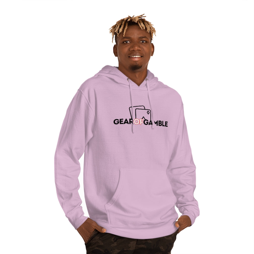 Man wears Light purple poker hoodie featuring the bold Gear of Gamble logo on the front. Made from a soft cotton blend for ultimate comfort during long poker sessions, perfect poker apparel for players who want to rep their poker lifestyle