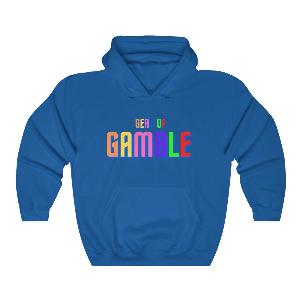 Blue poker hoodie featuring the bold Gear of Gamble logo on the front, crafted from a comfortable cotton blend perfect for poker players. Ideal poker clothing for those who want to show their passion for the game.