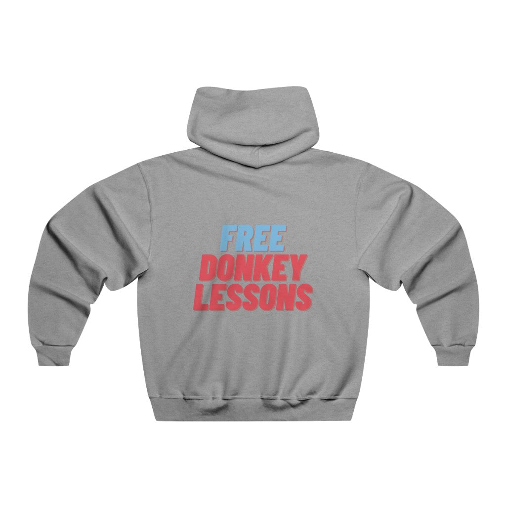Grey hoodie featuring ‘Free Donkey Lessons’ text on the back, ideal for poker enthusiasts who enjoy a playful, humorous design