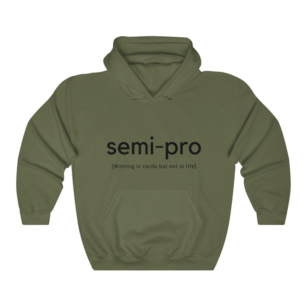 colorful hoodie featuring ‘Semi-Pro: Winning in Cards but Not Life’ or ‘Free Donkey Lessons’ text on the front and back, ideal poker apparel for players with a sense of humor