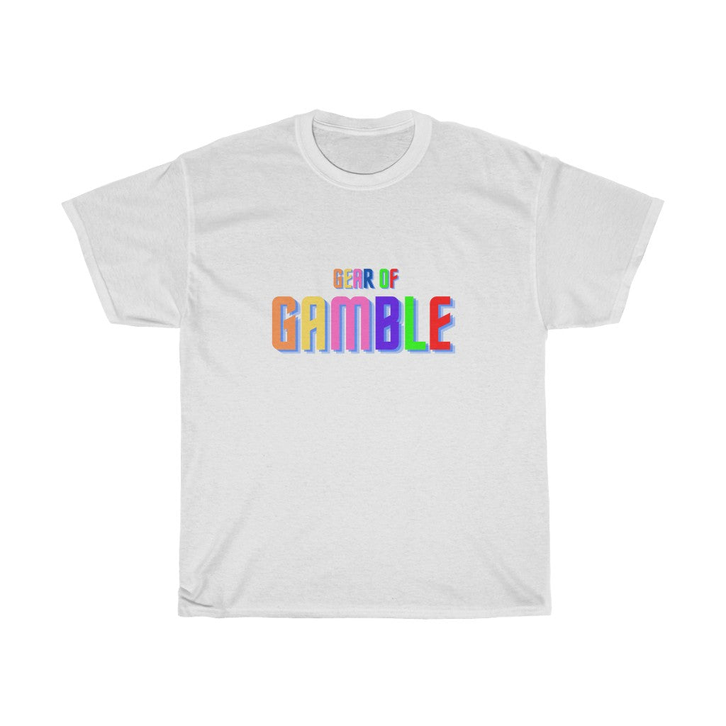 White  poker t-shirt featuring the bold Gear of Gamble logo on the front, crafted from soft cotton for a comfortable fit. Perfect poker clothing for players who love to represent their passion for the game
