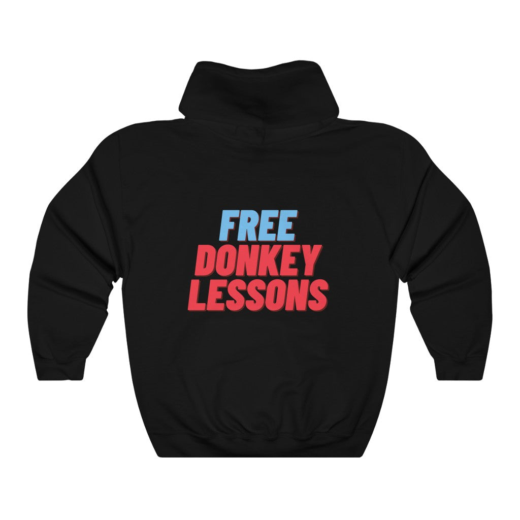hoodie featuring ‘Semi-Pro: Winning in Cards but Not Life’ or ‘Free Donkey Lessons’ text on the front, ideal poker apparel for players with a sense of humor
