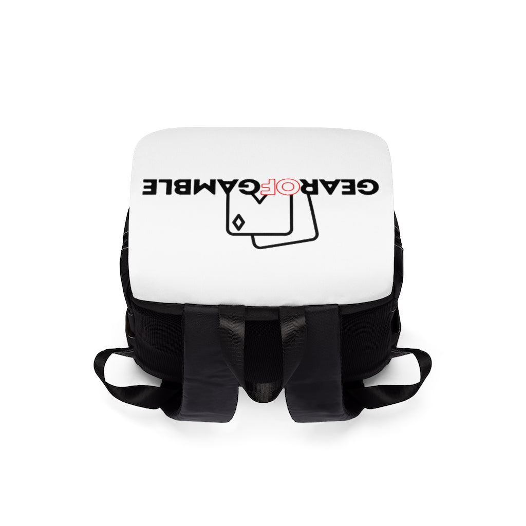 Black  and white poker backpack shot from side.  made from durable Oxford canvas, featuring multiple compartments for poker accessories. 