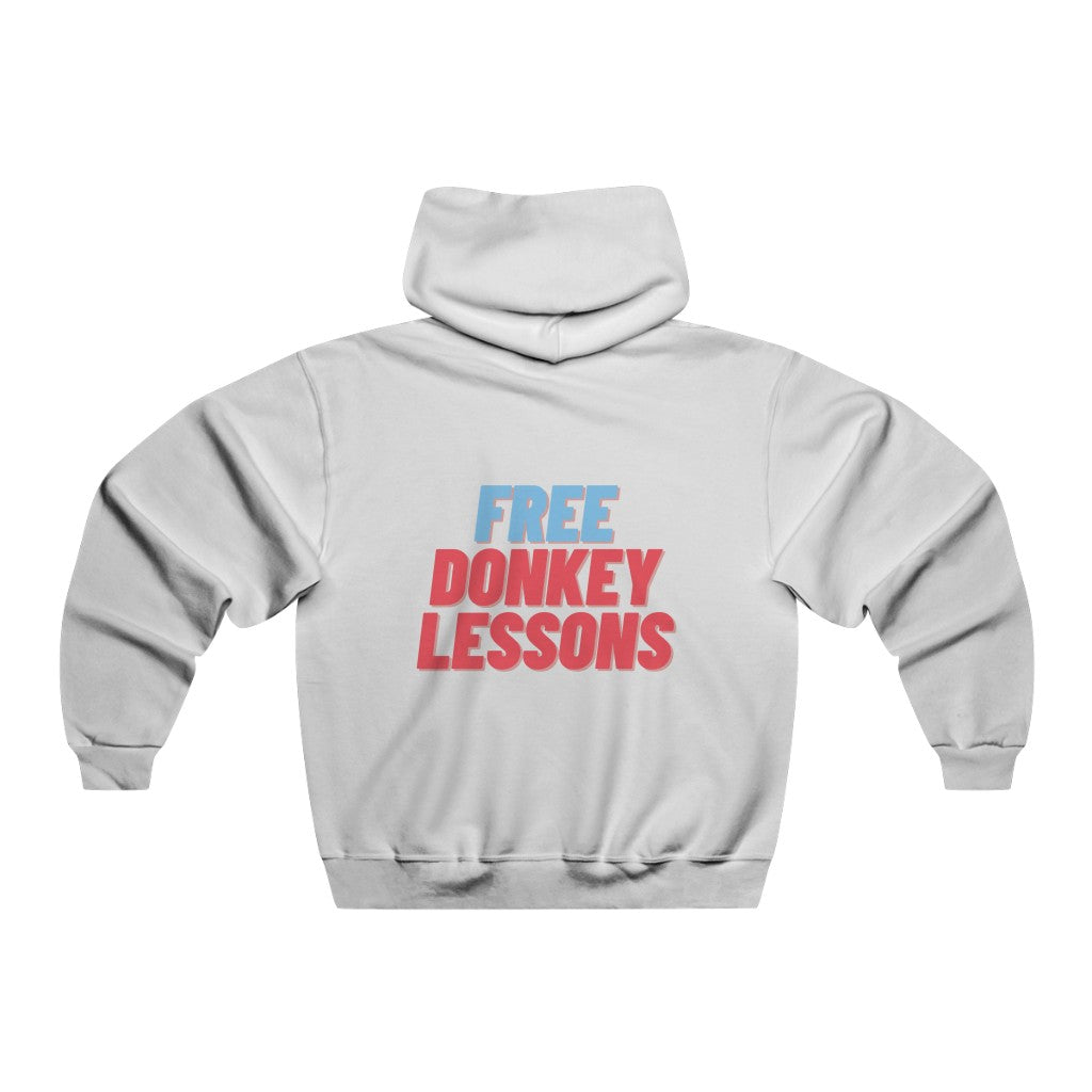 White hoodie featuring ‘Free Donkey Lessons’ text on the back, ideal for poker enthusiasts who enjoy a playful, humorous design