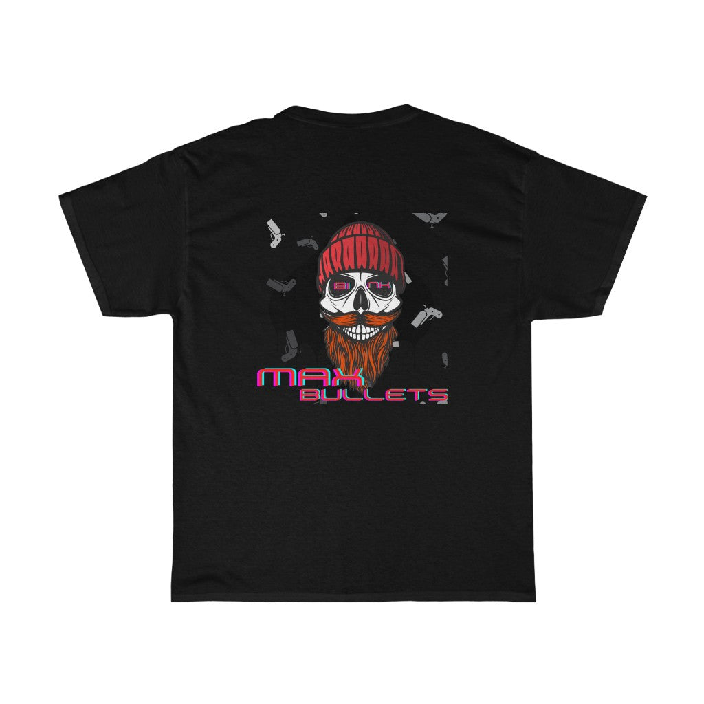 Detailed back design in black of the GoG Max Bullets Poker T-Shirt, showcasing a skull with a beard wearing a beanie and the phrase ‘Max Bullets,’ representing the fearless mindset of a poker player. Ideal poker apparel for those who take risks and play to win