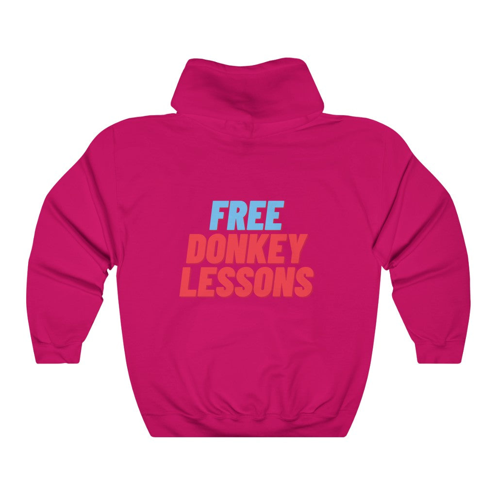 colorful hoodie featuring ‘Semi-Pro: Winning in Cards but Not Life’ or ‘Free Donkey Lessons’ text on the front, ideal poker apparel for players with a sense of humor