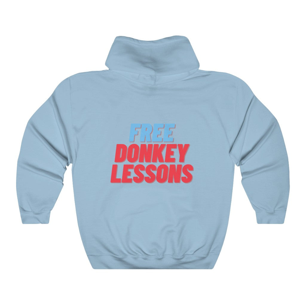colorful hoodie featuring ‘Semi-Pro: Winning in Cards but Not Life’ or ‘Free Donkey Lessons’ text on the front and back, ideal poker apparel for players with a sense of humor
