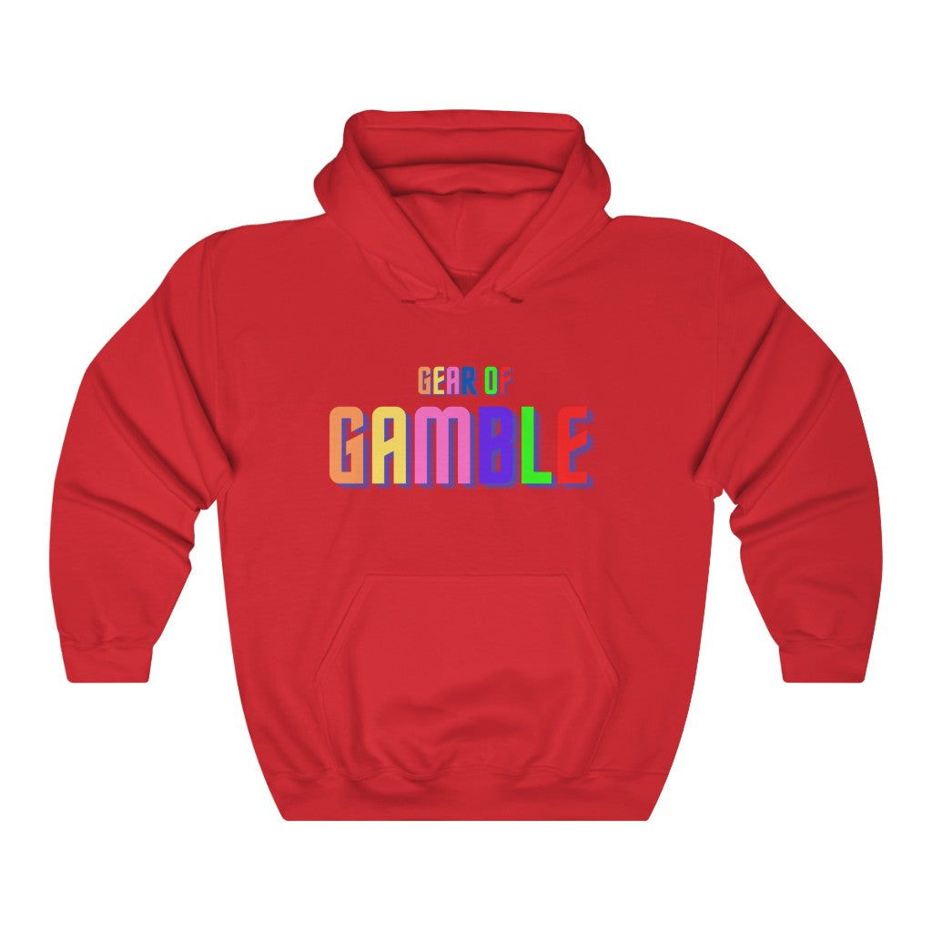 Red poker hoodie featuring the bold Gear of Gamble logo on the front, crafted from a comfortable cotton blend perfect for poker players. Ideal poker clothing for those who want to show their passion for the game.