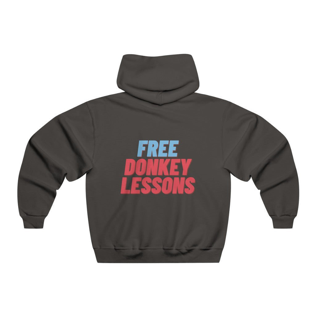 Black hoodie featuring ‘Free Donkey Lessons’ text on the back, ideal for poker enthusiasts who enjoy a playful, humorous design