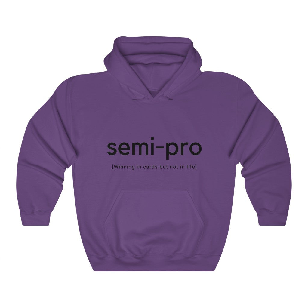 colorful hoodie featuring ‘Semi-Pro: Winning in Cards but Not Life’ or ‘Free Donkey Lessons’ text on the front and back, ideal poker apparel for players with a sense of humor