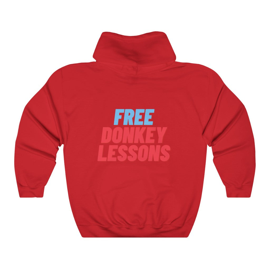 colorful hoodie featuring ‘Semi-Pro: Winning in Cards but Not Life’ or ‘Free Donkey Lessons’ text on the front and back, ideal poker apparel for players with a sense of humor