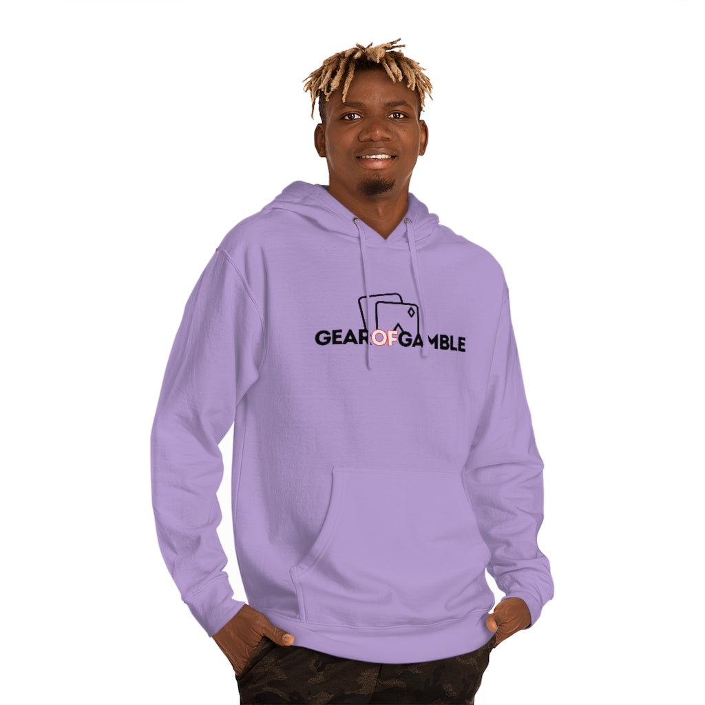 Man wears Light purple poker hoodie featuring the bold Gear of Gamble logo on the front. Made from a soft cotton blend for ultimate comfort during long poker sessions, perfect poker apparel for players who want to rep their poker lifestyle