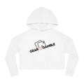 White cropped poker hoodie featuring the bold Gear of Gamble logo on the front. Made from soft fabric for a comfortable fit, perfect poker apparel for women who live and breathe the game.