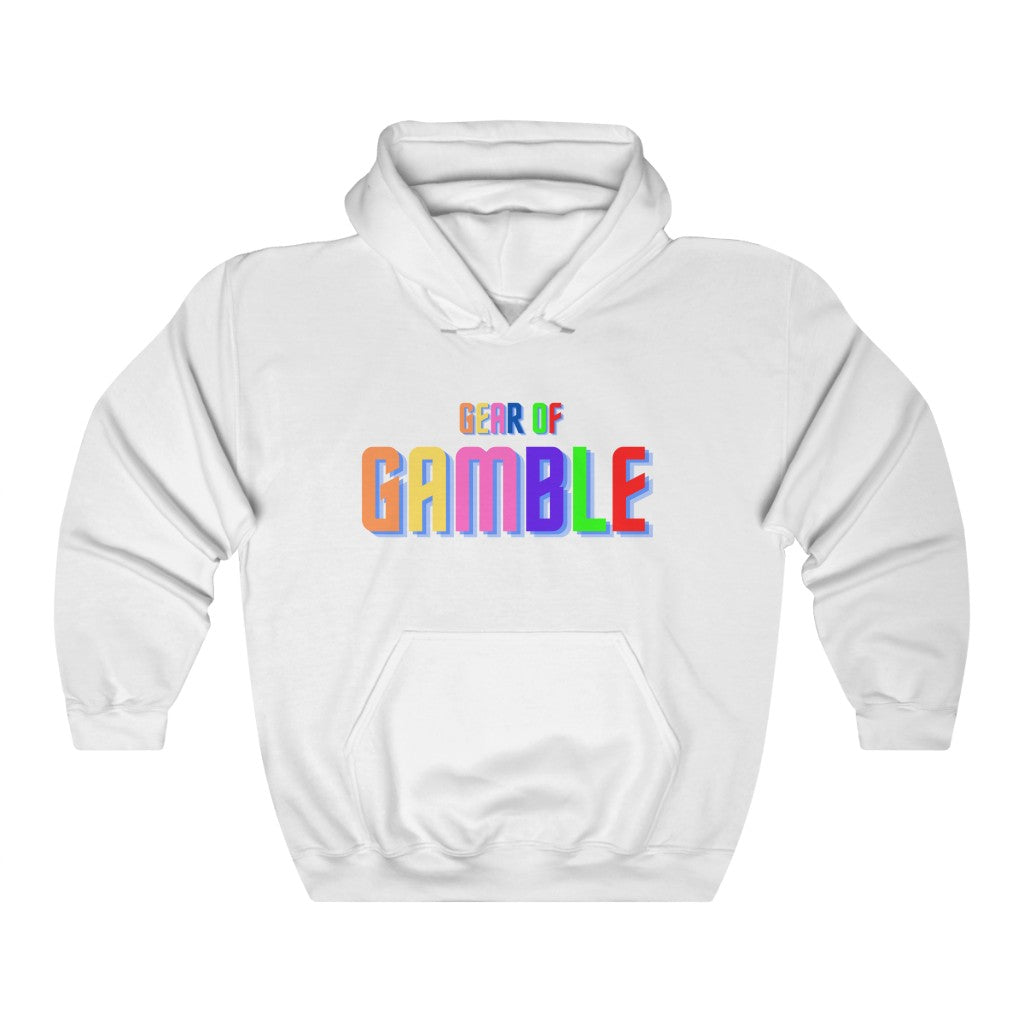 White poker hoodie featuring the bold Gear of Gamble logo on the front, crafted from a comfortable cotton blend perfect for poker players. Ideal poker clothing for those who want to show their passion for the game.