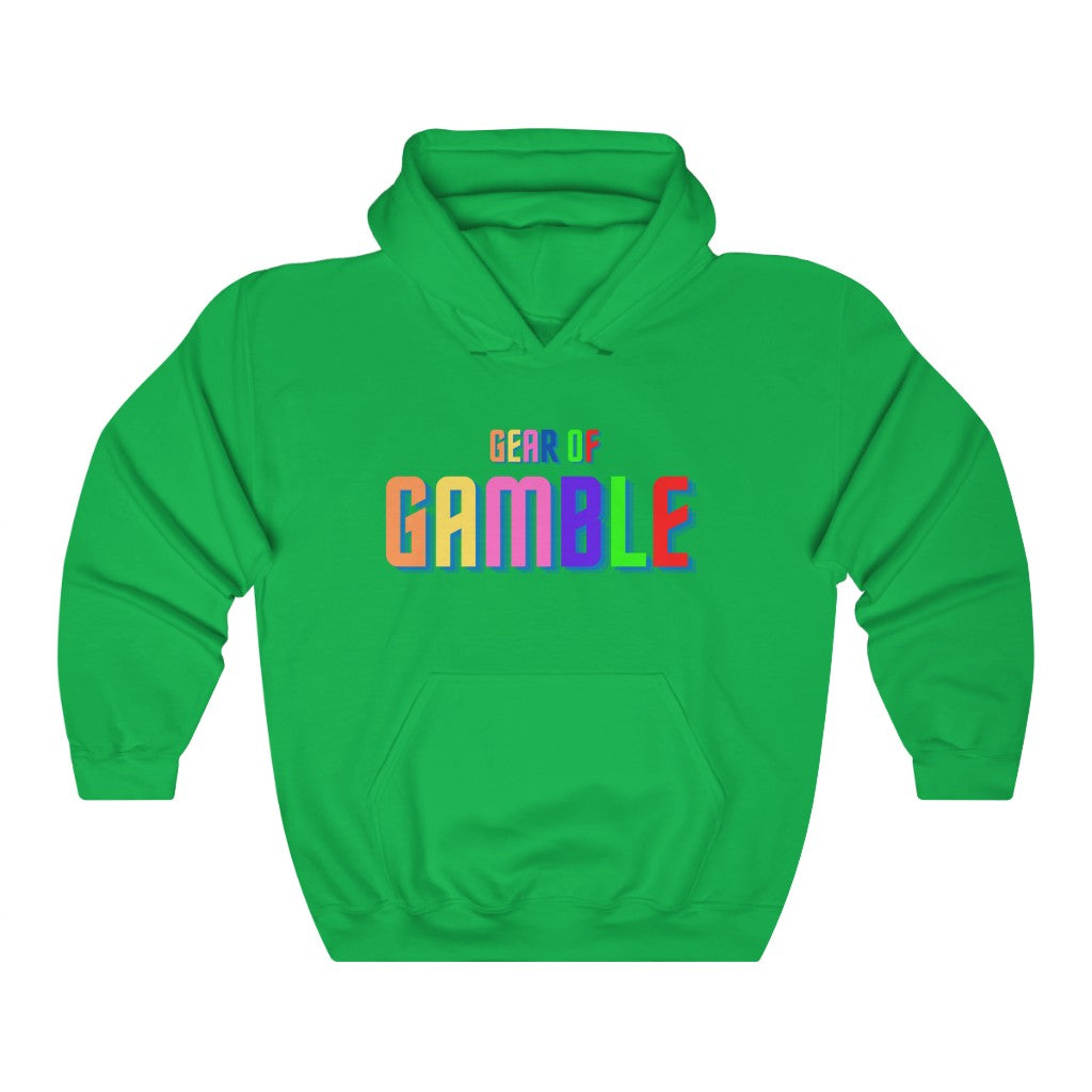 Green poker hoodie featuring the bold Gear of Gamble logo on the front, crafted from a comfortable cotton blend perfect for poker players. Ideal poker clothing for those who want to show their passion for the game.