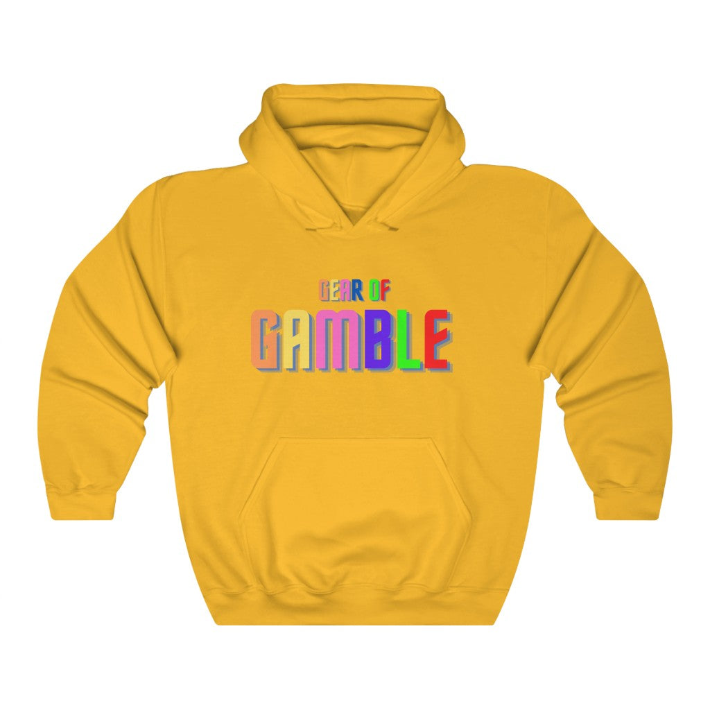 Yellow poker hoodie featuring the bold Gear of Gamble logo on the front, crafted from a comfortable cotton blend perfect for poker players. Ideal poker clothing for those who want to show their passion for the game.