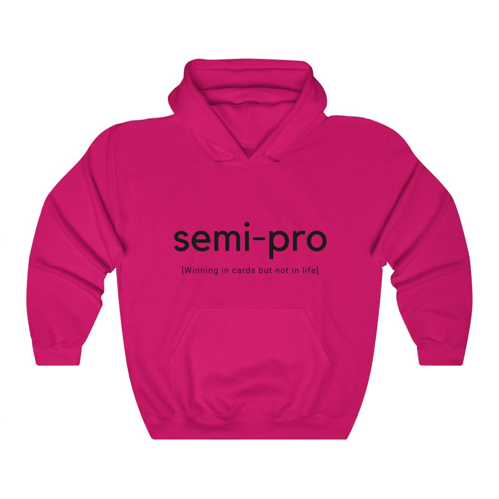 colorful hoodie featuring ‘Semi-Pro: Winning in Cards but Not Life’ or ‘Free Donkey Lessons’ text on the front, ideal poker apparel for players with a sense of humor