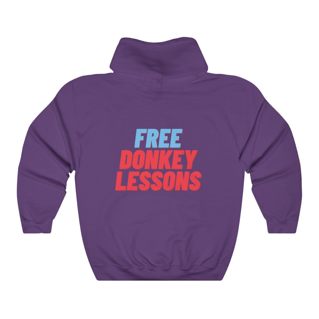 colorful hoodie featuring ‘Semi-Pro: Winning in Cards but Not Life’ or ‘Free Donkey Lessons’ text on the front and back, ideal poker apparel for players with a sense of humor