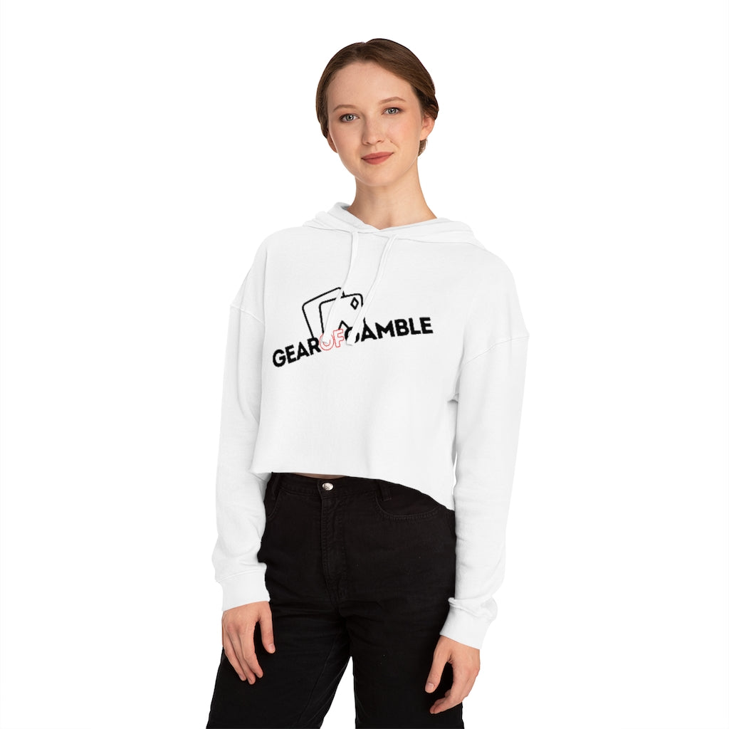 Woman wearing white cropped poker hoodie featuring the bold Gear of Gamble logo on the front. Made from soft fabric for a comfortable fit, perfect poker apparel for women who live and breathe the game.