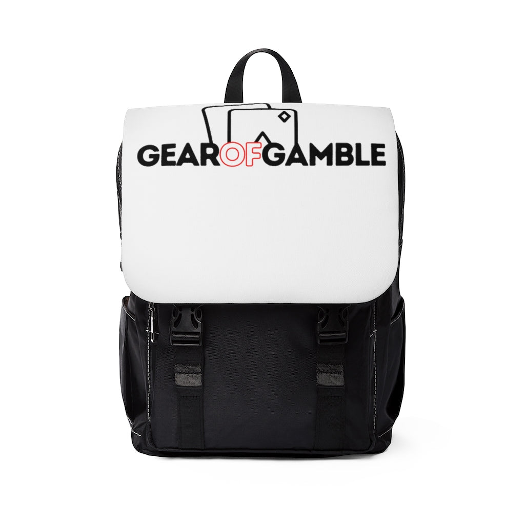 Black and white poker backpack made from durable Oxford canvas, featuring multiple compartments for poker accessories. Includes padded straps, secure zippers, and a sleek design, perfect for poker enthusiasts and tournament players