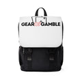 Black and white poker backpack made from durable Oxford canvas, featuring multiple compartments for poker accessories. Includes padded straps, secure zippers, and a sleek design, perfect for poker enthusiasts and tournament players