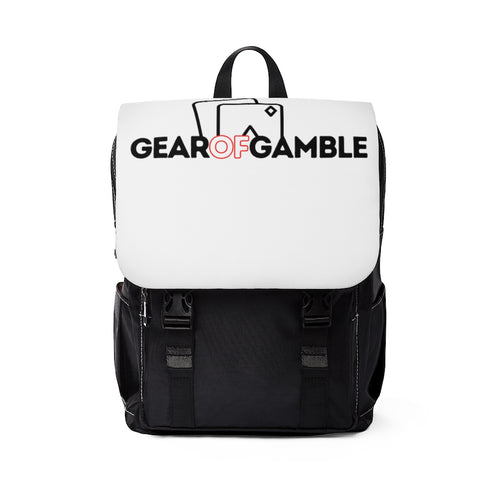 Black and white poker backpack made from durable Oxford canvas, featuring multiple compartments for poker accessories. Includes padded straps, secure zippers, and a sleek design, perfect for poker enthusiasts and tournament players