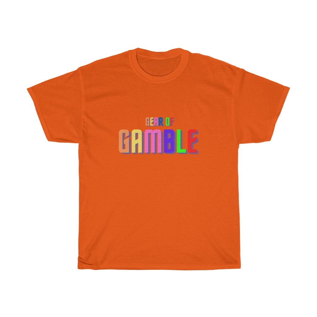 Orange  poker t-shirt featuring the bold Gear of Gamble logo on the front, crafted from soft cotton for a comfortable fit. Perfect poker clothing for players who love to represent their passion for the game