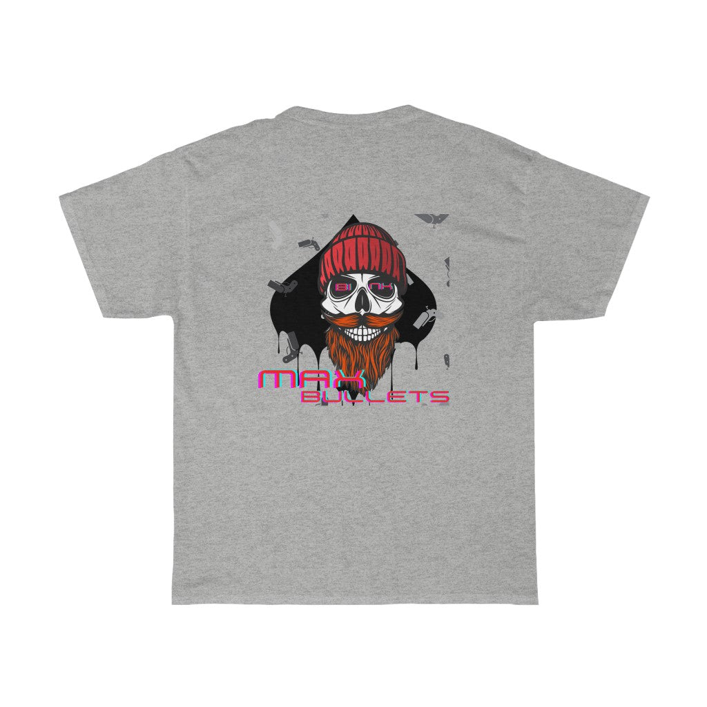 Detailed back design in grey of the GoG Max Bullets Poker T-Shirt, showcasing a skull with a beard wearing a beanie and the phrase ‘Max Bullets,’ representing the fearless mindset of a poker player. Ideal poker apparel for those who take risks and play to win